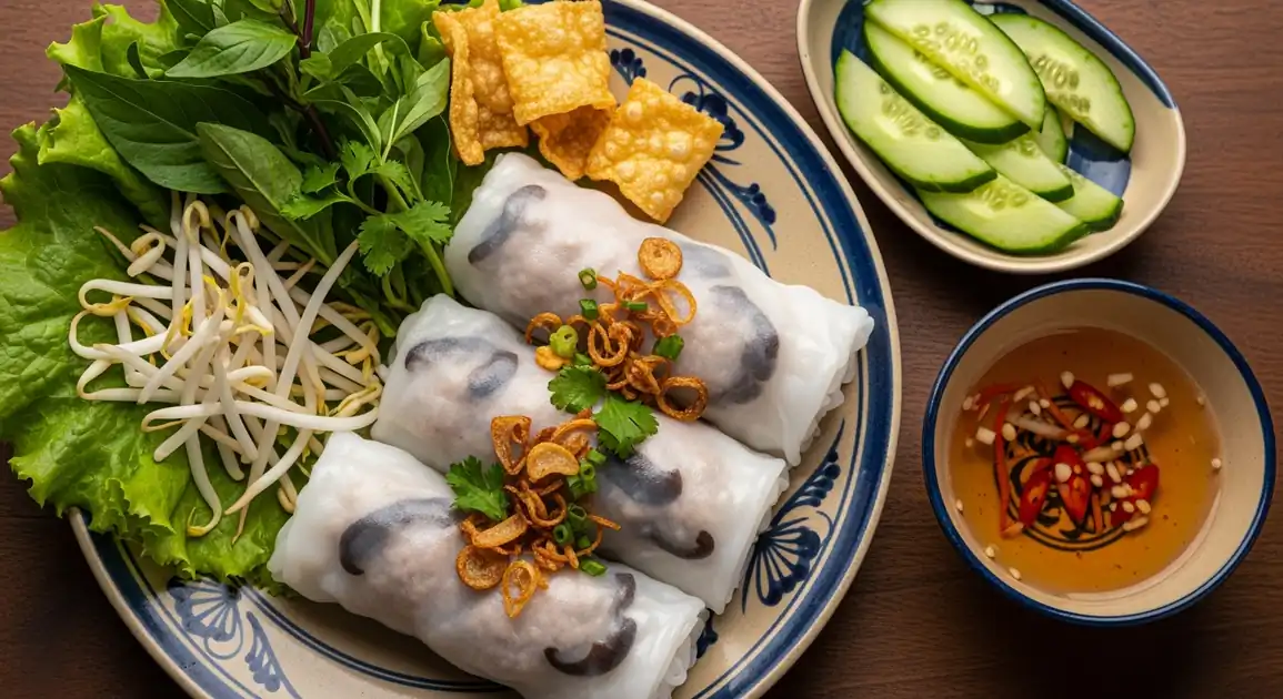 Overhead view of authentic Vietnamese Bánh Cuốn from Hanoi; translucent steamed rice rolls filled with minced pork and wood...