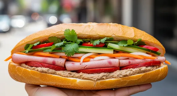 Close-up of an authentic Vietnamese Bánh mì sandwich from Vietnam, featuring a crispy golden baguette filled with layers of...