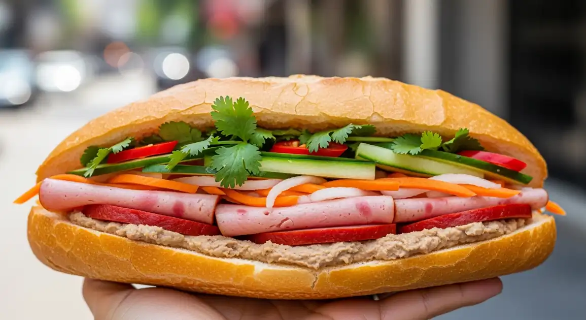 Close-up of an authentic Vietnamese Bánh mì sandwich from Vietnam, featuring a crispy golden baguette filled with layers of...