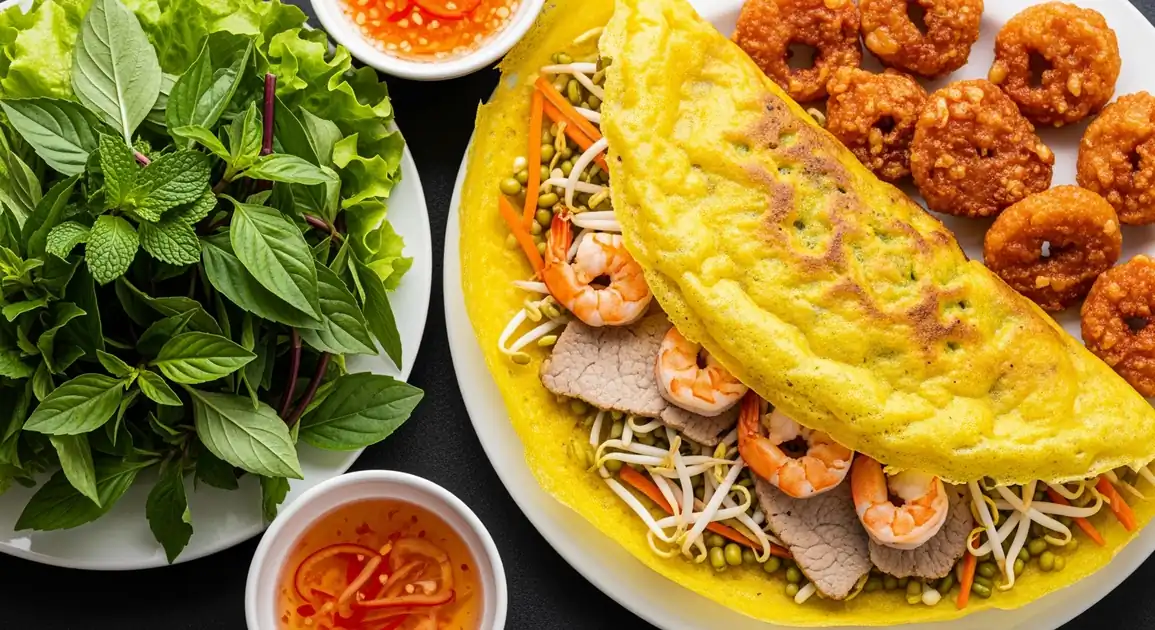 Overhead view of authentic Vietnamese bánh xèo showing a golden-yellow crispy rice flour crepe folded in half, filled with...