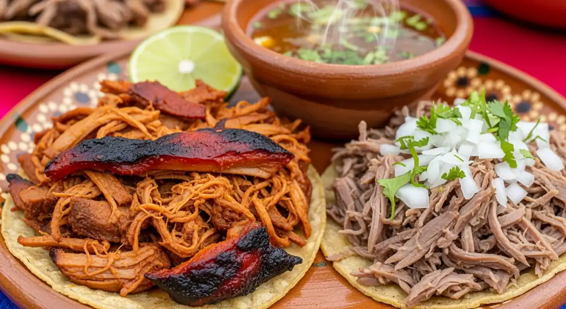 Close-up of tender, shredded Barbacoa de Chivo (goat barbacoa) from Oaxaca, Mexico, served on a corn tortilla with onion and...