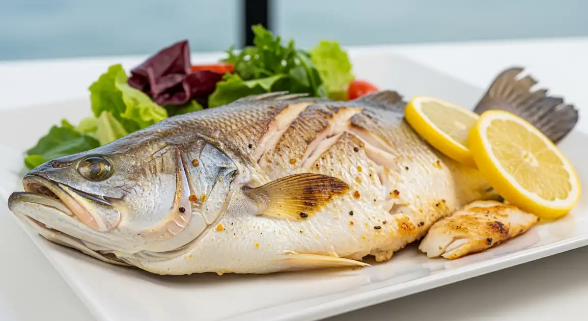 Perfectly grilled barramundi fillet from Australia with crispy skin and flaky white flesh, served with lemon wedges and...