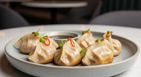 Close-up of modern Australian Barramundi Dumplings served on a plate in a Melbourne restaurant, showing plump dumplings...