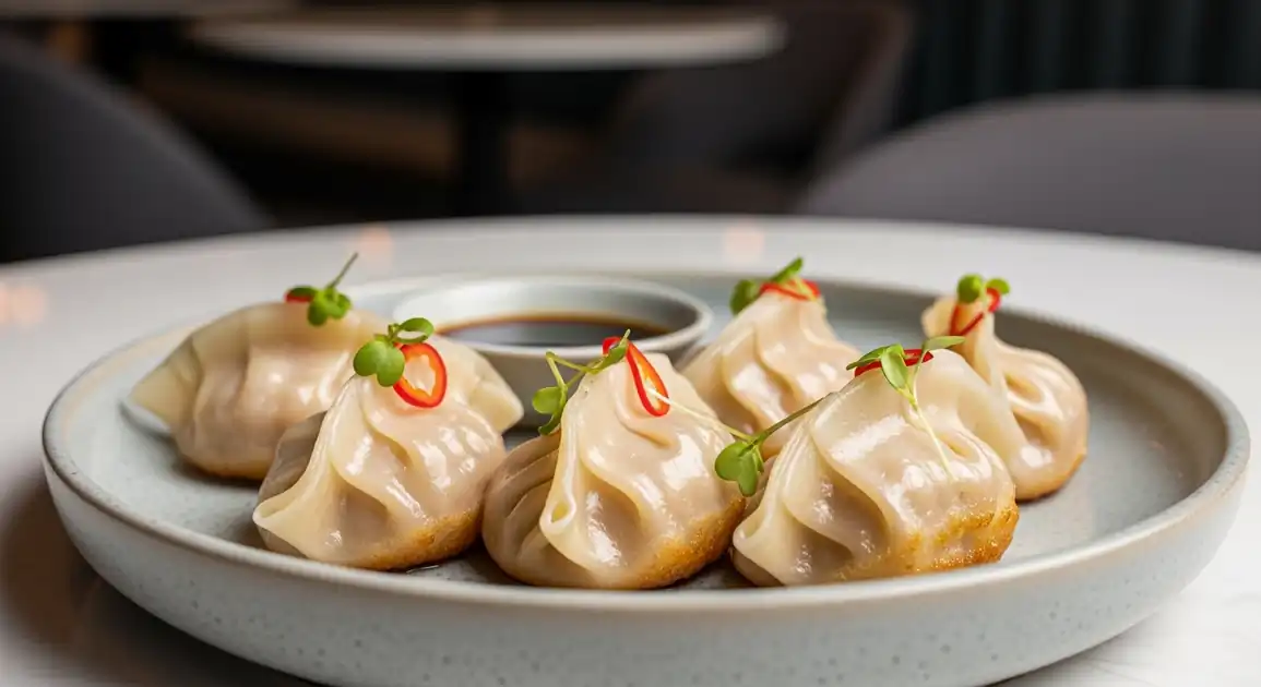 Close-up of modern Australian Barramundi Dumplings served on a plate in a Melbourne restaurant, showing plump dumplings...