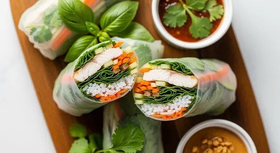 Overhead view of fresh Australian barramundi rice paper rolls on a wooden serving board, showing translucent wrappers filled...