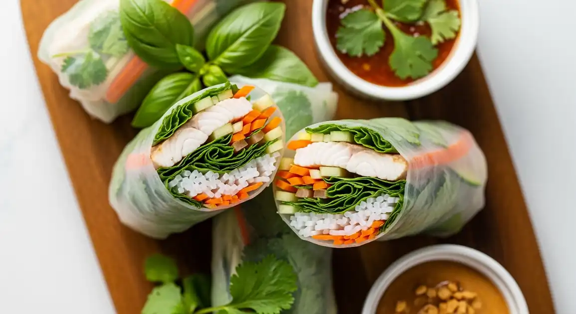 Overhead view of fresh Australian barramundi rice paper rolls on a wooden serving board, showing translucent wrappers filled...