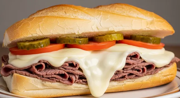 Authentic Bauru Paulista sandwich from São Paulo, Brazil, close-up showing layers of roast beef, melted mozzarella, tomato...