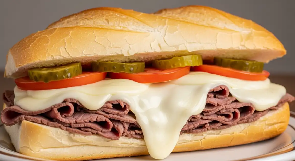 Authentic Bauru Paulista sandwich from São Paulo, Brazil, close-up showing layers of roast beef, melted mozzarella, tomato...