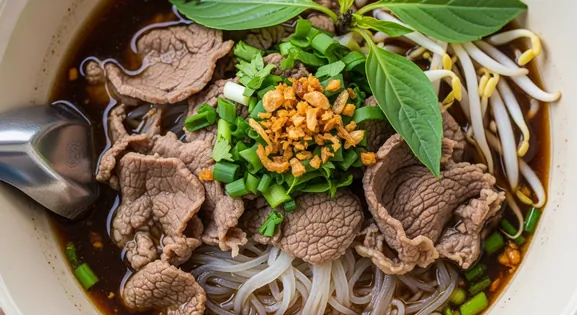 Authentic Thai beef noodle soup in a traditional bowl showing thinly sliced beef, rice noodles, and fresh herbs floating in...