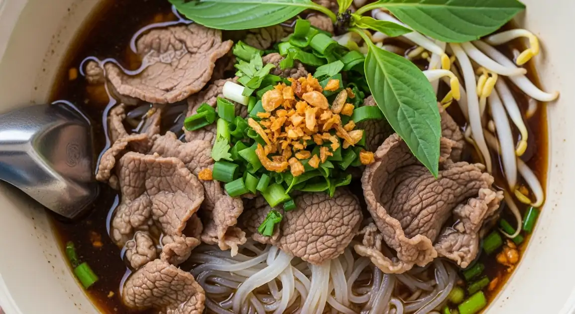 Authentic Thai beef noodle soup in a traditional bowl showing thinly sliced beef, rice noodles, and fresh herbs floating in...