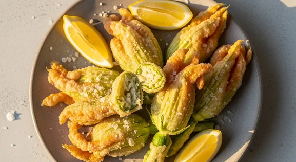Authentic French beignets de fleurs de courgette from Nice showing golden-brown, crispy zucchini flower fritters arranged on...