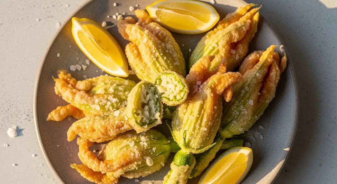 Authentic French beignets de fleurs de courgette from Nice showing golden-brown, crispy zucchini flower fritters arranged on...