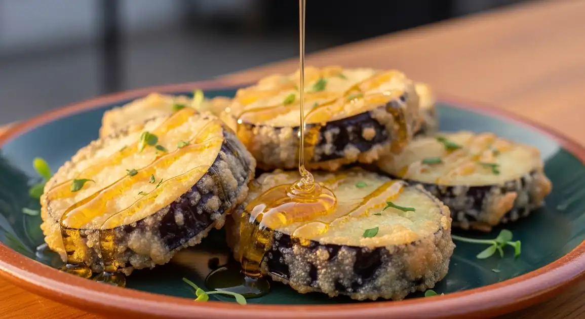 Close-up of authentic Spanish Berenjenas con Miel from Seville, showing crispy golden-brown eggplant rounds with tender...