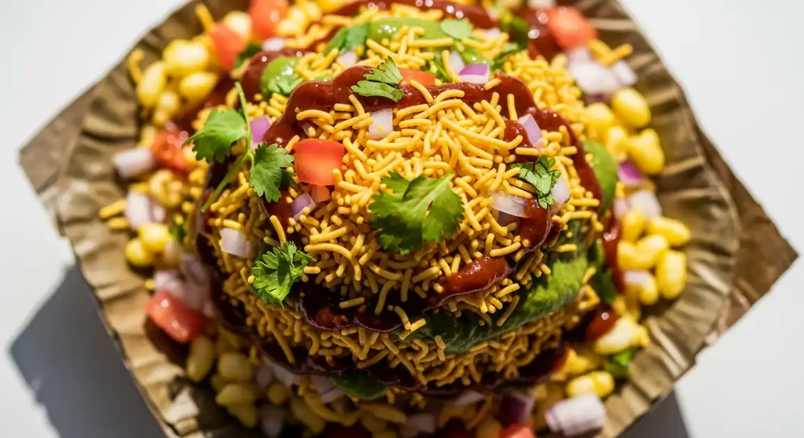 Authentic Mumbai-style bhel puri shown from above – a colorful mound of puffed rice mixed with crispy sev, diced tomatoes...