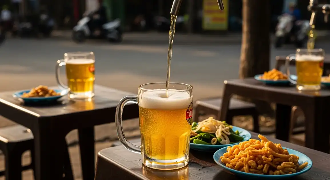 Authentic Vietnamese Bia Hoi being served in Hanoi; a clear glass mug of light golden fresh beer with frothy head...