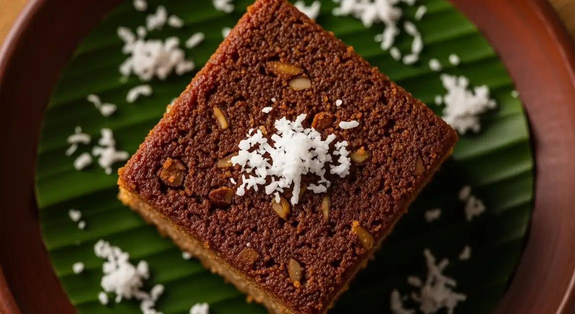 Overhead view of authentic Sri Lankan Bibikkan - a square slice of dark brown coconut cake with visible coconut flakes and...