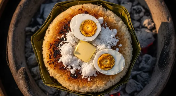 Overhead view of traditional Filipino Bibingka from the Philippines; a round golden-brown rice cake with slightly charred...
