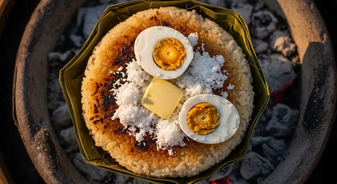 Overhead view of traditional Filipino Bibingka from the Philippines; a round golden-brown rice cake with slightly charred...
