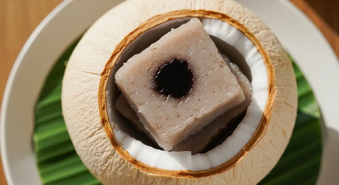 Close-up of authentic Filipino Binagol from the Philippines; halved coconut shell revealing dense, sweet taro and rice...