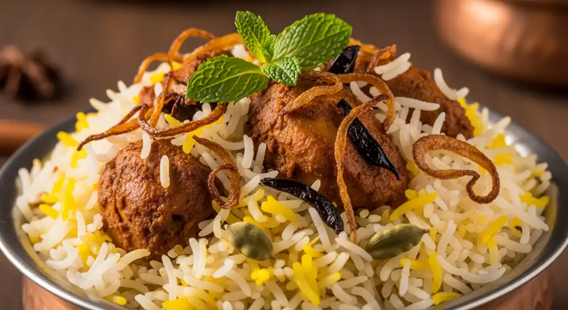 Close-up of authentic Indian Biryani in a traditional handi, showing fluffy basmati rice grains, tender chicken pieces...