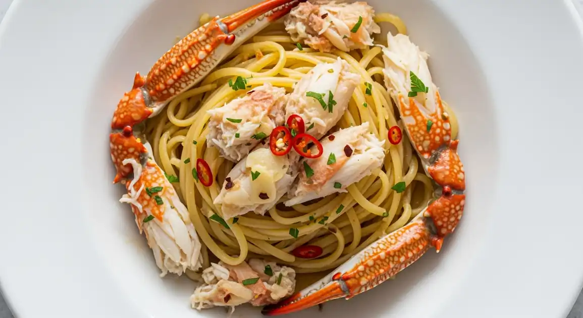 Overhead view of authentic Australian Blue Swimmer Crab Linguine served in a white ceramic bowl, featuring perfectly cooked...