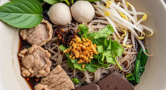 Close-up overhead view of authentic Thai Boat Noodles (Kuay Teow Reua) in a small traditional bowl from Thailand, featuring...