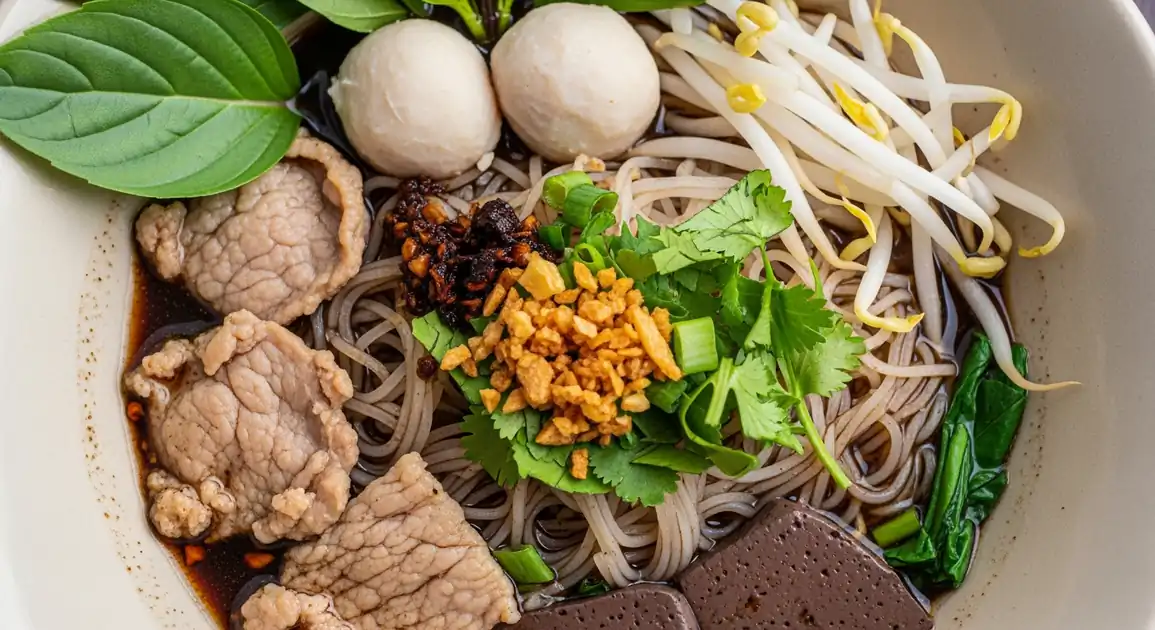 Close-up overhead view of authentic Thai Boat Noodles (Kuay Teow Reua) in a small traditional bowl from Thailand, featuring...