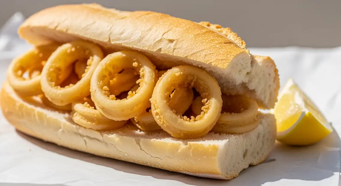 Authentic Spanish Bocadillo de Calamares from Madrid, showing golden-brown crispy fried squid rings in a crusty white...