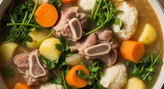 Close-up overhead shot of a hearty New Zealand Boil Up in a rustic bowl, featuring tender pork bones, orange kūmara chunks...
