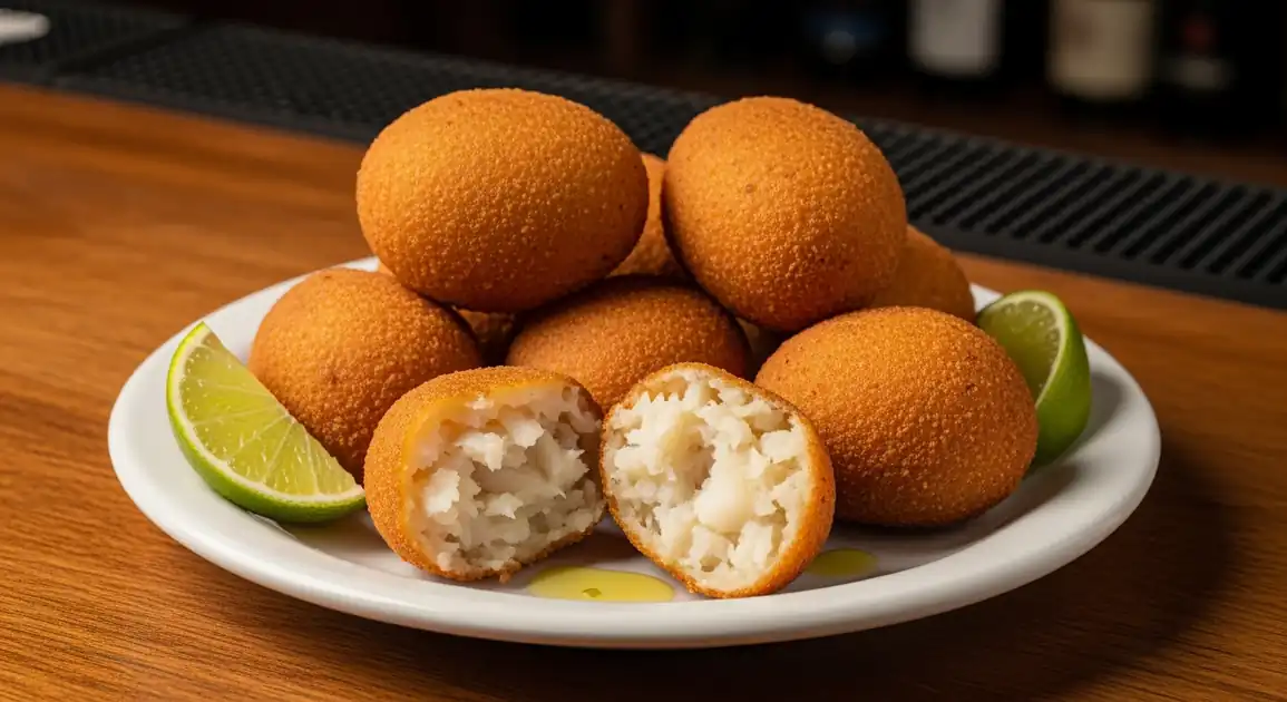 Close-up of crispy, golden-brown Bolinhos de Bacalhau (Brazilian salt cod fritters) on a white plate with lime wedges, one...