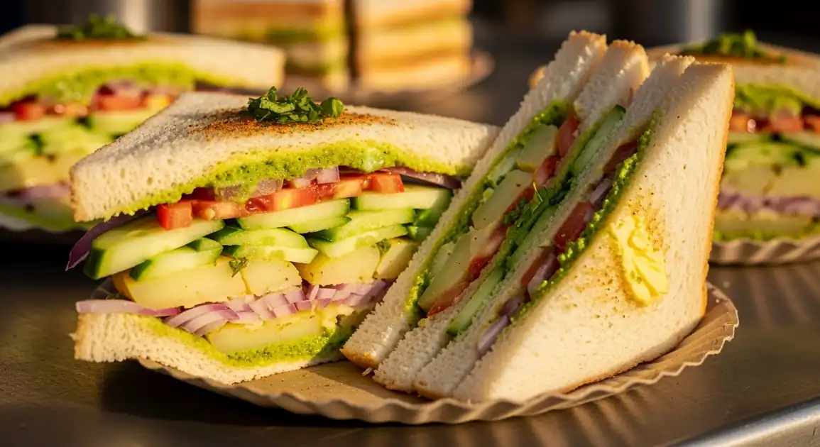 Authentic Bombay Sandwich from India showing diagonal cut exposing colorful layers of sliced vegetables and green chutney...