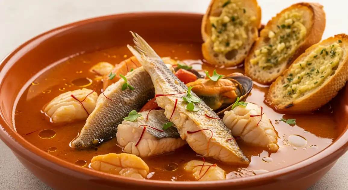 Authentic French bouillabaisse from Provence - a vibrant saffron-infused fish stew featuring chunks of Mediterranean...