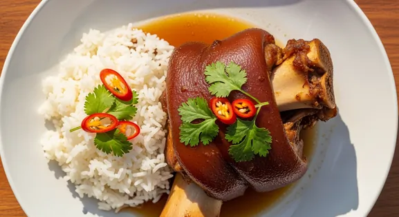 Overhead view of authentic Thai braised pork leg (Kha Moo Palo) showing glistening dark-brown pork with tender meat falling...