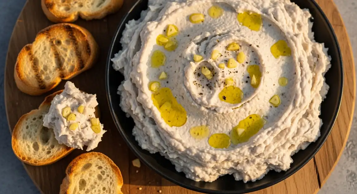 Overhead view of authentic French Brandade de Morue, a creamy white salt cod spread with visible garlic flecks and olive oil...