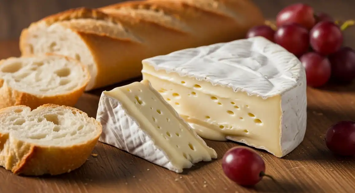 Wedge of authentic Brie de Meaux from France showing its characteristic creamy pale interior with a bloomy white rind...