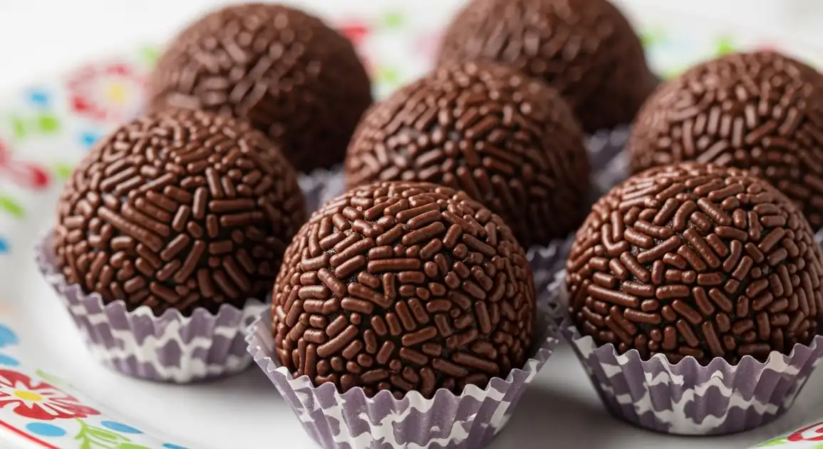 Close-up of authentic Brazilian Brigadeiros: glossy dark chocolate fudge balls covered in chocolate sprinkles, nestled in...