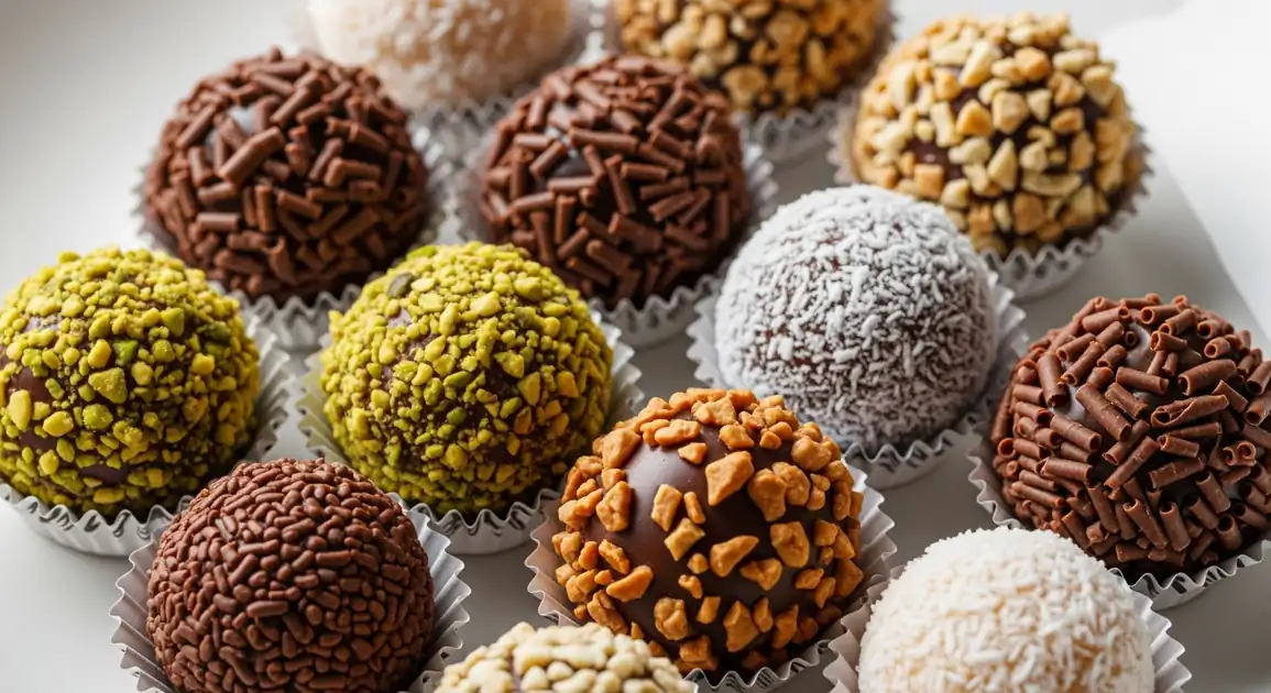 Assorted gourmet brigadeiros from Brazil, featuring varied premium coatings like Belgian chocolate shavings and chopped...
