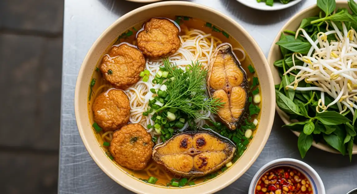 Authentic Vietnamese Bun Ca from Hanoi - steaming bowl of rice noodles in clear amber fish broth with chunks of golden fried...