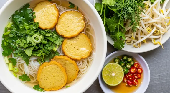 Overhead view of authentic Vietnamese Bun Cha Ca from Da Nang, showing golden-yellow turmeric fish cake slices and white...
