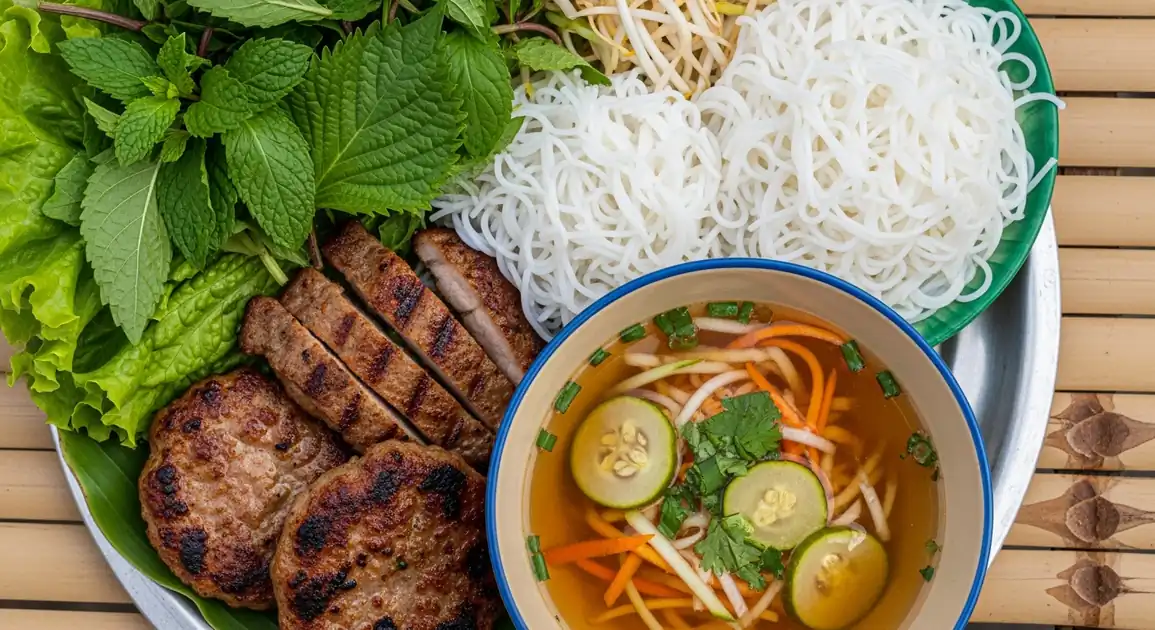 Authentic Vietnamese Bun Cha from Hanoi showing chargrilled pork patties and belly slices with caramelized edges floating in...