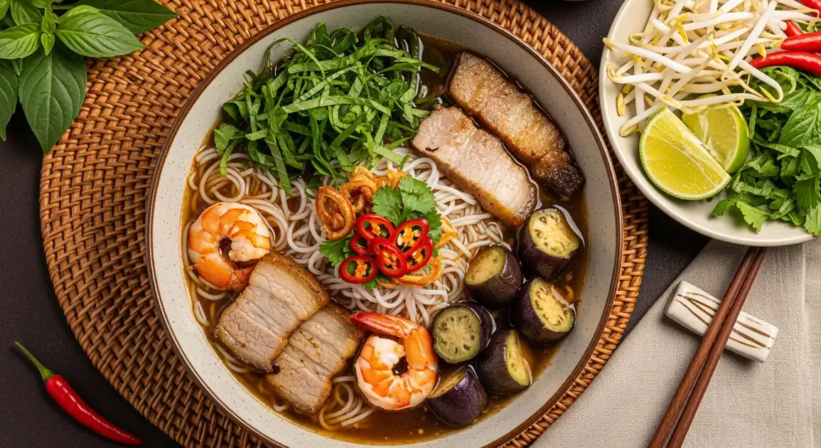 Authentic Vietnamese Bun Mam from Da Nang, showing a large bowl of rich dark brown fermented fish broth filled with rice...