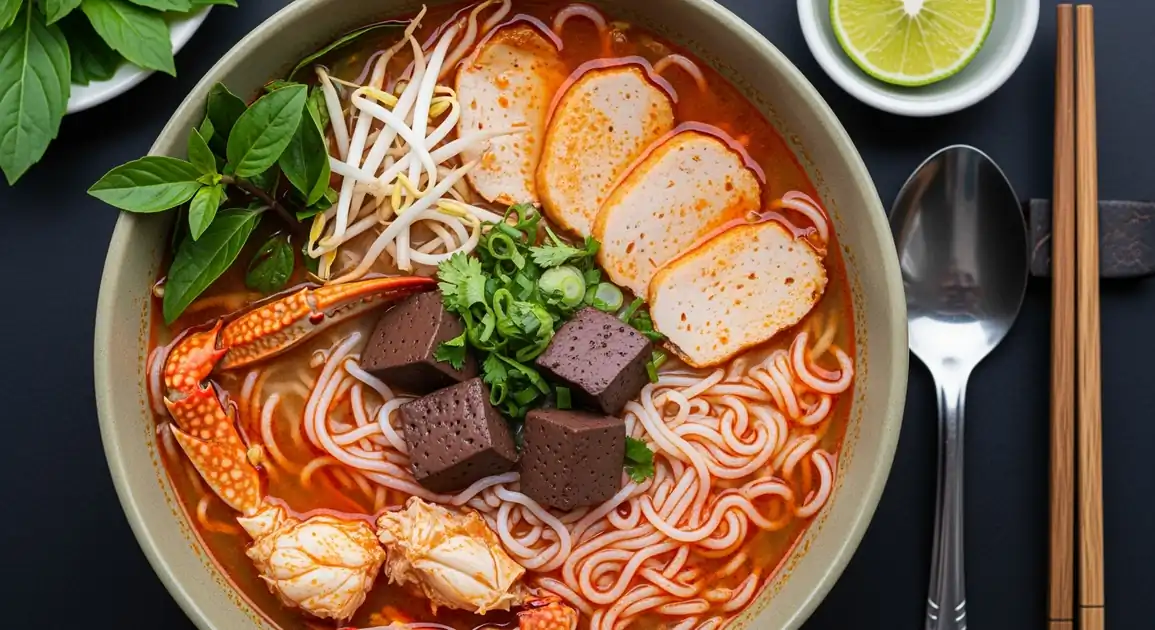 Overhead view of authentic Vietnamese bun rieu featuring a steaming bowl of vibrant tomato-red broth with fluffy crab and...
