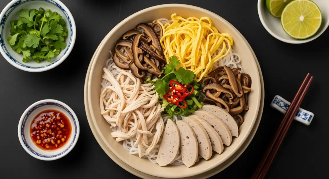 Traditional Vietnamese Bun Thang from Hanoi - a meticulously arranged bowl of white rice noodles in clear chicken broth...