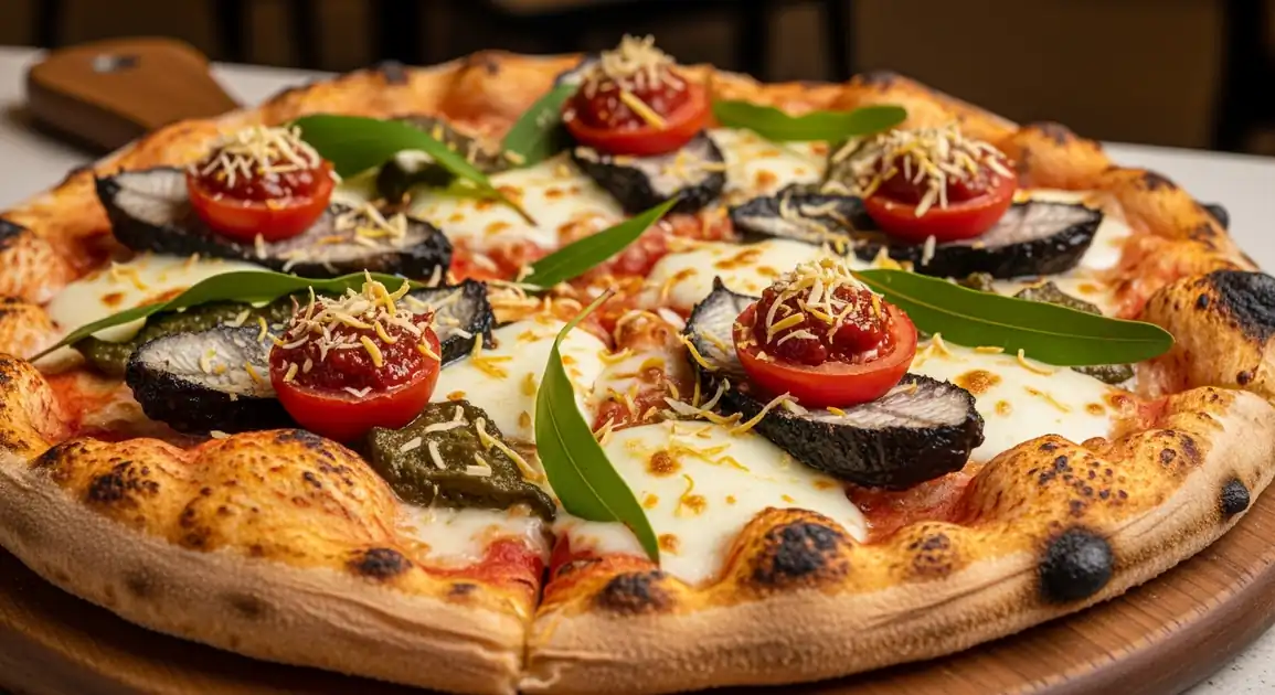 Angled close-up of an authentic Australian Bush Tucker Pizza featuring emu sausage, quandong, bush tomato relish, and native...