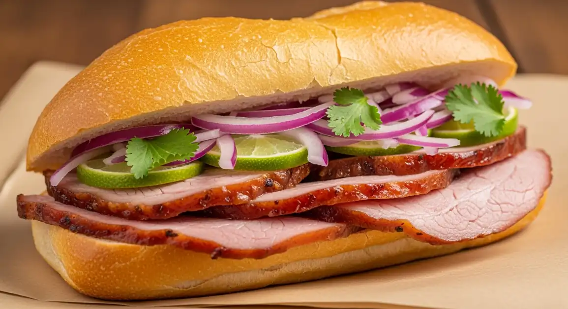 Close-up of authentic Peruvian butifarra sandwich from Lima showing juicy sliced pork ham on a crusty French roll, topped...