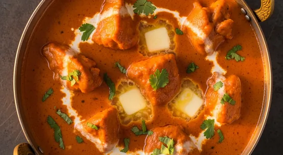 Overhead view of authentic Indian butter chicken served in a traditional copper handi, showing tender chicken pieces bathed...