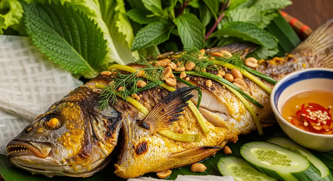 Close-up of authentic Vietnamese Cá Nướng (grilled fish) from Vietnam, featuring crispy charred skin brushed with scallion...