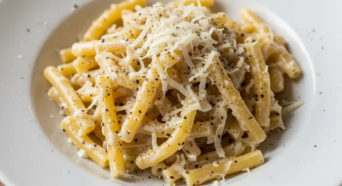 Close-up of authentic Cacio e Pepe from Rome, Italy: tonnarelli pasta coated in creamy Pecorino Romano and black pepper...