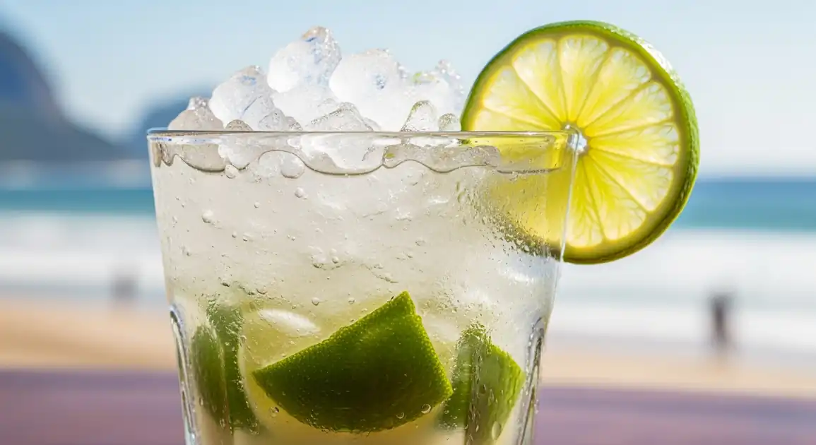 Close-up of an authentic Caipirinha cocktail from Rio de Janeiro, Brazil, in a rocks glass with ice, muddled lime, and...