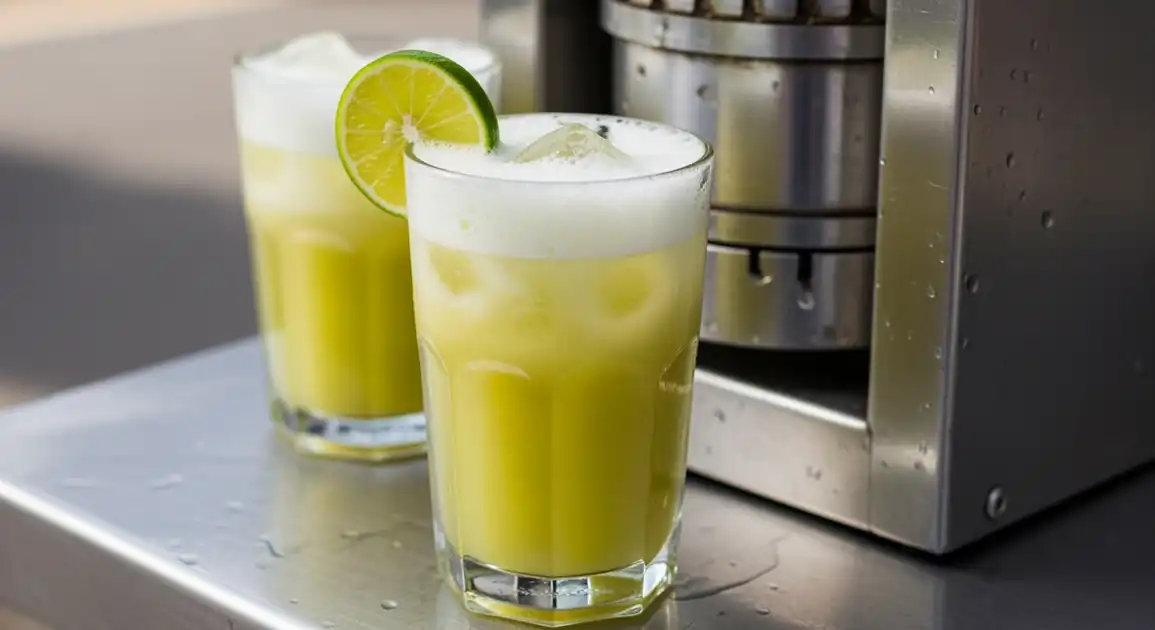 Freshly pressed Caldo de Cana (sugarcane juice) from Brazil, served cold in a clear cup with foam and a lime wedge, next to...